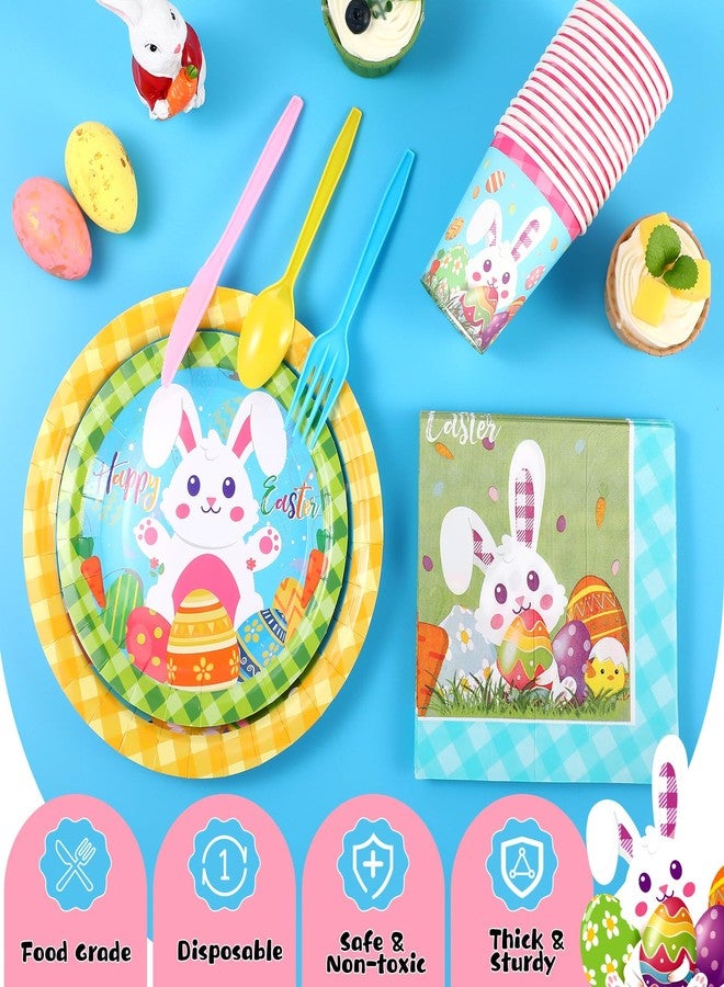 FoldTier 171 Pcs Happy Easter Party Supplies Disposable Easter Tableware Set with Bunny Colorful Eggs Plates Napkins Cups Banner Plastic Tablecloths for Easter Spring Holiday Party Decoration Serve 24 - Image 5